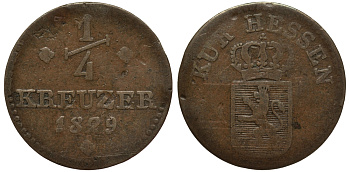 Гессен - Кассель 1/4 крейцера 1829 OBER HESSEN, Вильгельм II (1821-1831) KM 580 медь 1517-623