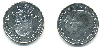 Нидерланды 1 гульден 1980 на коронацию Беатрикс, 30 апреля 1980 KM 200 никель 84-1021