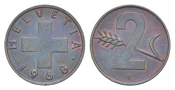 Швейцария 2 раппена 1968 B KM 47 бронза UNC 4630-852