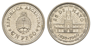 Аргентина 1 песо 1960 150 лет свержения Испанского вице-короля (1810-1960) KM 58 сталь плакированная никелем 4163-452