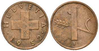 Швейцария 1 раппен 1952 KM 46 бронза 4618-639
