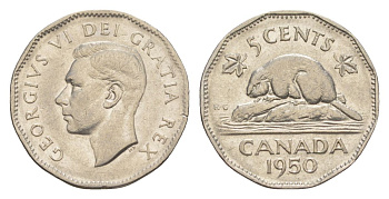 Канада 5 центов 1950 Георг VI (1936-1952), бобр KM 42 никель 4630-655