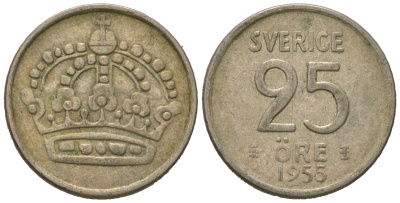 Швеция 25 эре 1953 TS, Густав VI Адольф (1950-1973) KM 824 серебро 4621-329