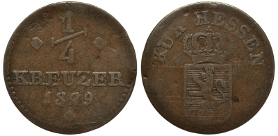 Гессен - Кассель 1/4 крейцера 1829 OBER HESSEN, Вильгельм II (1821-1831) KM 580 медь 1517-623