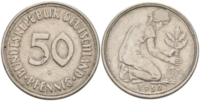 ФРГ 50 пфеннигов 1950 J KM 109, J. 384 медно-никель 4176-651