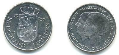 Нидерланды 1 гульден 1980 на коронацию Беатрикс, 30 апреля 1980 KM 200 никель 84-1021