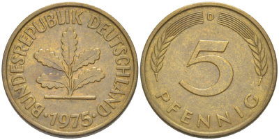ФРГ 5 ПФЕННИГОВ 1975 D KM 107, J. 382 сталь плакированная латунью 4181-946