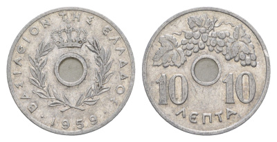 Греция 10 лепт 1959 Павел I (1947-1964), виноградная лоза KM 78 алюминий 220-564