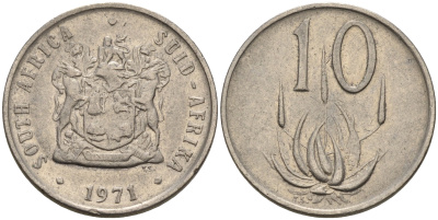 ЮАР 10 центов 1971 цветок алоэ KM 85 никель    4189-122