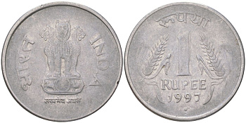 Индия 1 рупия 1997 круг - монетный двор Ноида KM 92.2 нержавеющая сталь 4142-342
