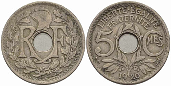 ФРАНЦИЯ 5 САНТИМОВ 1920 ТИП ЛИНДАЙЁ KM 865, LE FRANC 121.4 медно-никель 4379-1453