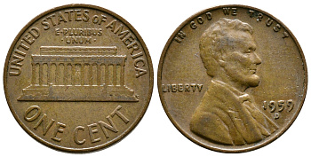 США 1 цент 1959 D, Авраам Линкольн KM 201 медь цинк 3458-125