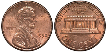 США 1 цент 1992 Линкольн KM 201b цинк плакированный медью 4122-227