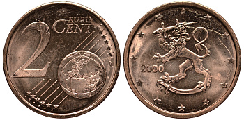 ФИНЛЯНДИЯ 2 ЕВРОЦЕНТА 2000 KM 99 сталь плакированная медью UNC 4181-449