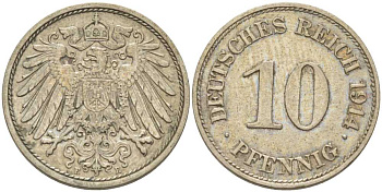 ГЕРМАНИЯ 10 ПФЕННИГОВ 1914 E KM 12, J. 13, Weege 8 медно-никель 212-243