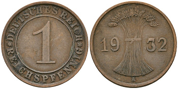 Германия 1 рейхспфенниг 1932 A KM 37, J. 313 бронза 4189-1145