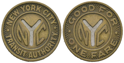 США, Нью-Йорк 1 тариф (fare) ND (1953-1970) управление транзита города Нью-Йорка, диаметр 16 мм, вес 1,69 гр AC NY 630 AO, TC?109007 латунь 116-853