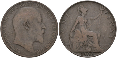 Великобритания 1 пенни 1905 Эдуард VII (1901-1910) KM 794.2, Sp 3990 бронза 4144-735