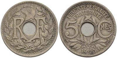 ФРАНЦИЯ 5 САНТИМОВ 1920 ТИП ЛИНДАЙЁ KM 865, LE FRANC 121.4 медно-никель 4379-1453
