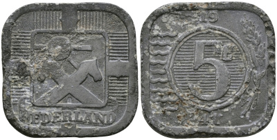 НИДЕРЛАНДЫ 5 ЦЕНТОВ 1941 ВИЛЬГЕЛЬМИНА (1890-1948) KM 172 цинк 176-835