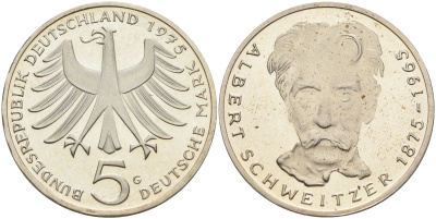 ФРГ 5 марок 1975 G, 100 лет со дня рождения Альберта Швейцара KM 143, J.418 серебро PROOF 02-230-47