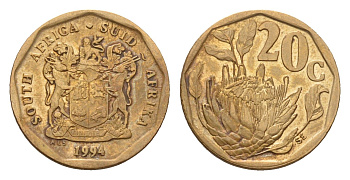 ЮАР 20 центов 1994 KM 136 сталь плакированная латунью 4643-321