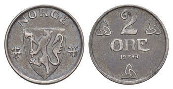 Норвегия 2 эре 1944 Хокон VII (1905-1957) KM 394 железо 4635-314