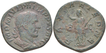 Римская Империя сестерций 244 - 249 Филипп I Араб, бюст императора, IMP M IVL PHILIPPVS AVG / Пация, богиня Мира, PAX AETERNA S C, Рим (из немецкой коллекции 1-й половины XX века) RIC 184a бронза 1073-23-53