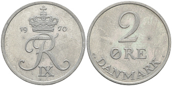 ДАНИЯ 2 ЭРЕ 1970 C; S, ФРЕДЕРИК IX (1947-1972) KM 840.2 цинк UNC 106-211