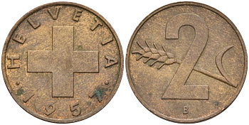 Швейцария 2 раппена 1957 В KM 47 бронза 4591-1134