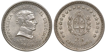 Уругвай 25 сентесимо 1960 KM 40 медно-никель 4169-913