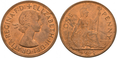 Великобритания 1 пенни 1966 Елизавета II (1952-2022) KM 897, Spink 4157 бронза UNC M7-09