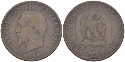 Франция 5 сантимов 1854 BB, Наполеон III (1852-1870) KM 777.3, LE FRANC 116.10 бронза 108-313