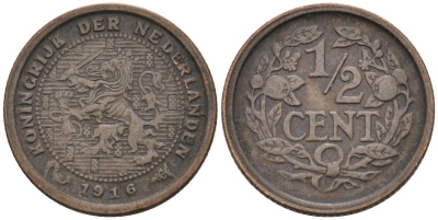Нидерланды 1/2 цента 1916 Вильгельмина (1890-1948) KM 138 бронза 4576-364