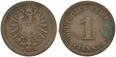 Германия 1 пфенниг 1876 D, Вильгельм I (1871-1888) KM 1, J. 1 медь 4173-824