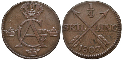 Швеция 1/4 шиллинга 1807 Густав IV Адольф (1792-1809) KM 564 медь 1518-113
