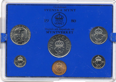 Швеция набор монетного двора из 6 монет 1980 в пластике, Карл XVI Густав (1973- ) KM MS15 UNC 4-3-6-126