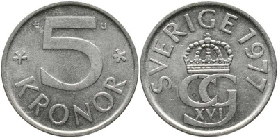 Швеция 5 крон 1977 U, Карл XVI Густав (1973- ) КМ 853 медно-никель 180-631