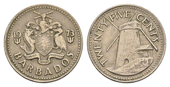 Барбадос 25 центов 1973 ветряная мельница Моргана Льюиса KM 13 медно-никель 4646-227