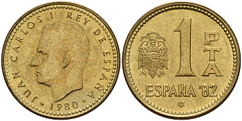 Испания 1 песета 1980 (80) чемпионат мира по футболу в Испании 1982 года, Хуан Карлос I (1975-) KM 816 алюминиевая бронза 4597-131