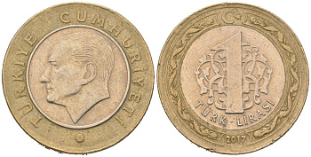 Турция 1 лира 2017 KM 1244 биметалл 4561-1221