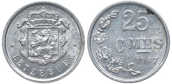 Люксембург 25 сантимов 1967 KM 45a.1 алюминий 4528-128