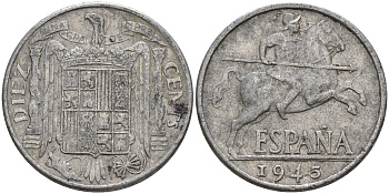 Испания 10 сентимо 1945 всадник KM 766 алюминий    4153-151