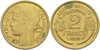 ФРАНЦИЯ 2 ФРАНКА 1939 ТИП MORLON KM 886, LE FRANC 268.12 алюминиевая бронза 3855-136