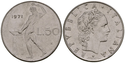 Италия 50 лир 1971 KM 95.1 нержавеющая сталь 4176-236