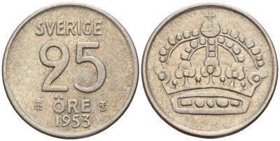 Швеция 25 эре 1953 TS, Густав VI Адольф (1950-1973) KM 824 серебро 4147-1033