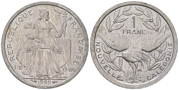 Французская Новая Каледония 1 франк 1999 птица кагу, (IEOM) KM 10, Schoen 10, Lec 52d алюминий 41-835