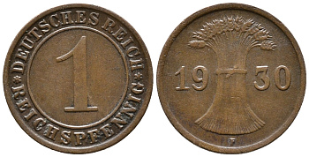 ГЕРМАНИЯ 1 РЕЙХСПФЕННИГ 1930 F KM 37, J. 313 бронза 39-1047