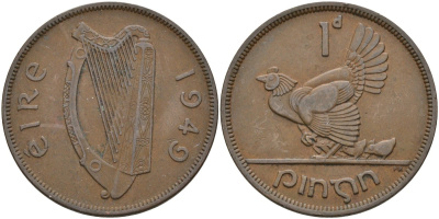 Ирландия 1 пенни 1949 курица с цыплятами KM 11 бронза 4137-721