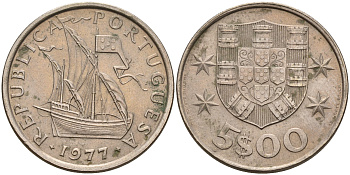 Португалия 5 эскудо 1977 парусник KM 591 медно-никель    4153-144